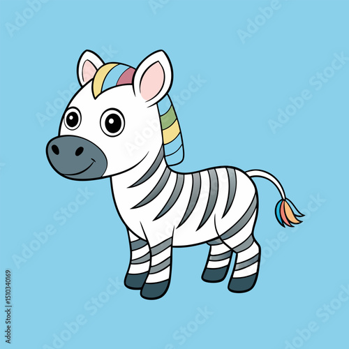 Adorable Cartoon Zebra Character with Rainbow Mane and Tail Illustration
