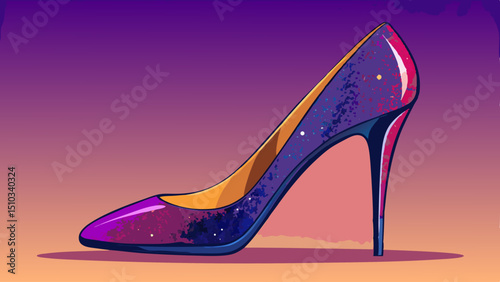 A designer stiletto heel with a glittering finish, placed on a seamless gradient surface.