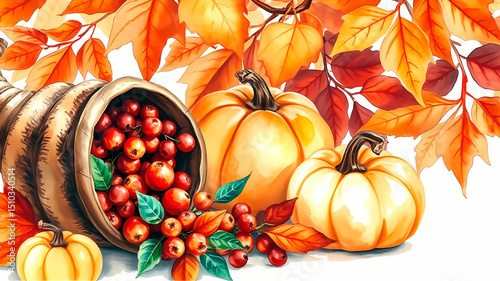 Vibrant watercolor autumn background with pumpkins and berries in cornucopia