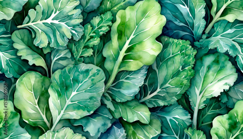 Watercolor background featuring salad and parsley leaves for freshness and vitality