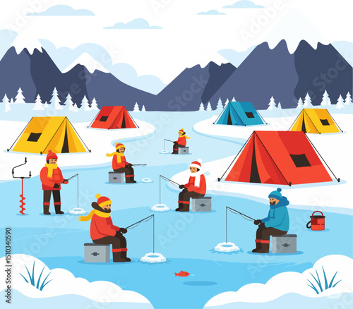 People fishing on ice with tent in the background