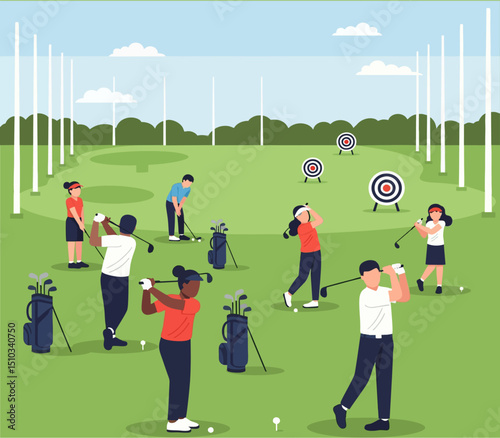 People playing golf at the driving range
