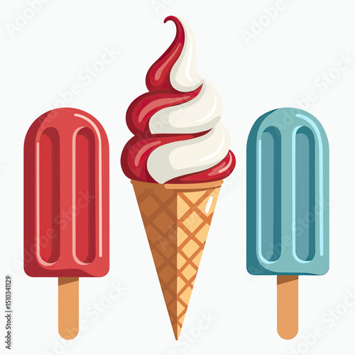 Patriotic Summer Treats: Minimalist Vector Illustration of Red, White, and Blue Ice Cream (Cone, Popsicle, Swirl) for July 4th Celebrations and Summer Designs.
