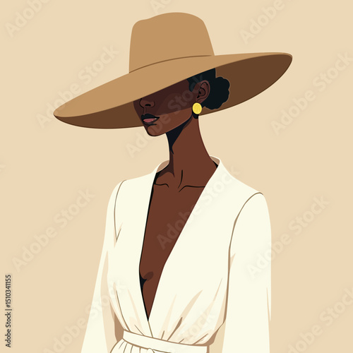 Modern Muse: Minimalist Digital Art of a Brown-Skinned Woman in a Wide-Brimmed Hat and White Wrap Dress – Ideal for Fashion Editorials and Elegant Branding.
