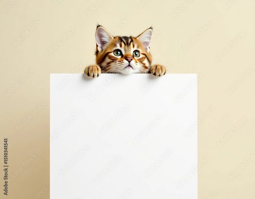Obraz premium A charming cat peers over a blank space, awaiting artistic additions. Its playful demeanor invites creativity while showcasing a minimalist backdrop perfect for personalization Generative AI