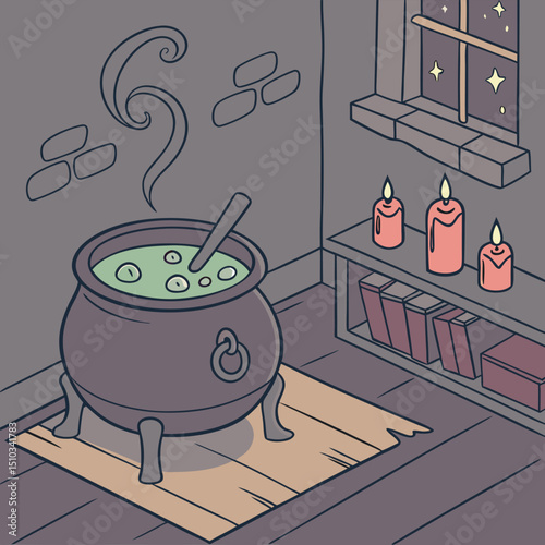 A Witch's Cozy Cauldron Corner Under a Starry Halloween Night Sky Design