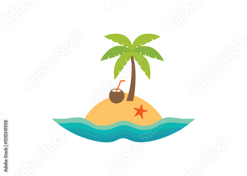 Colorful illustration of a tropical island paradise with palm tree and refreshing drink