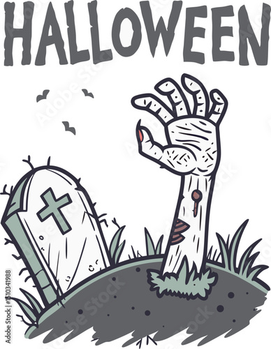 Spooky Halloween Tombstone t shirt Design with Zombie Hand Rising Out of the Grave