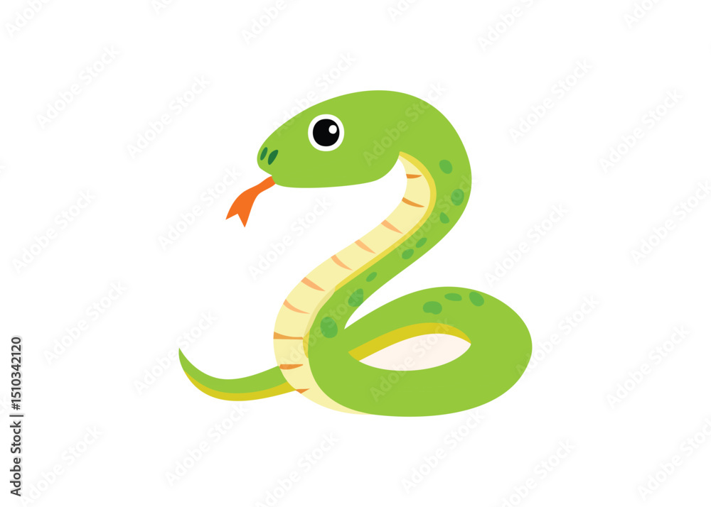 Fototapeta premium Cute cartoon green snake coiled in a playful pose on a simple white background