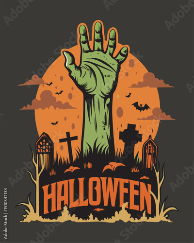 This vector illustration depicts a spooky Halloween night scene with a pumpkin silhouette against a dark, grunge background, perfect for a party banner or scary holiday card design featuring a bat