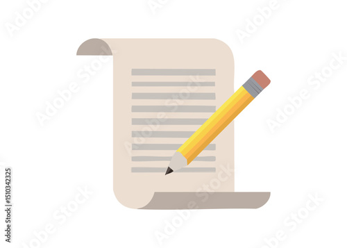 Flat illustration of a yellow pencil writing on a paper document against white background
