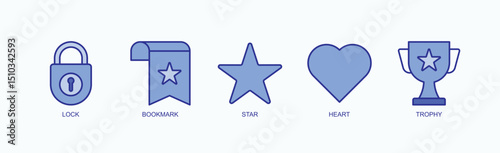 Achievements And Favorites Icon Set Isolated Vector With Icon Of Lock, Bookmark, Star, Heart, Trophy In Blue Style