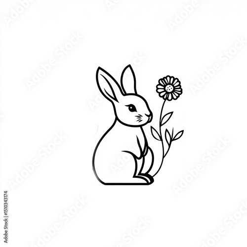 A simple black and white illustration depicts a lovely rabbit with a delicate flower nearby.