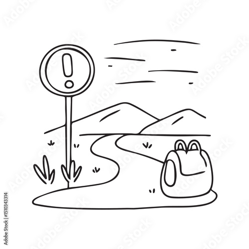 A bag leaning at the base of a road sign beside a dirt road