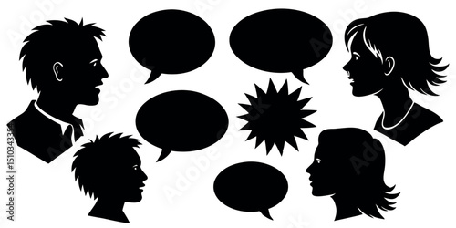 Silhouettes of people talking with speech bubbles