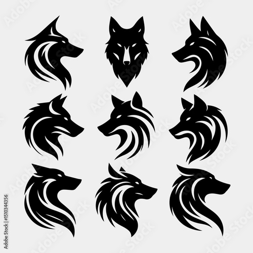 An intricate tribal wolf head vector logo set design with stylized patterns symbolizing loyalty