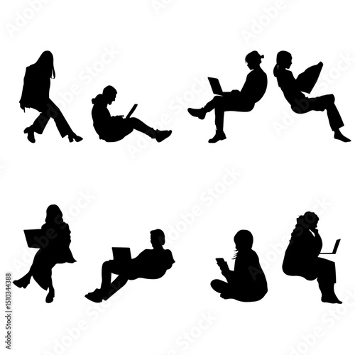 Black vector silhouettes of diverse individuals sitting and using digital devices. Ideal for concepts like online work, virtual meetings, distance education, tech lifestyle, and mobile productivity.
