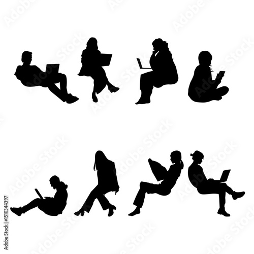 Vector silhouettes of men and women sitting and using laptops or tablets. Perfect for remote work, online learning, education, coworking, and digital lifestyle themes.