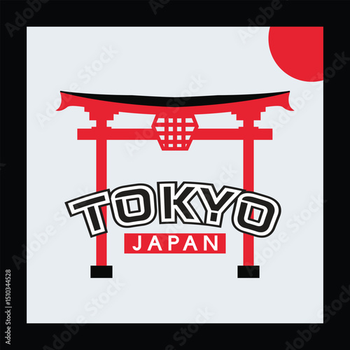 Streetwear design with japanese style and shinto gates. Clothing printing resources with lettering tokyo japan.