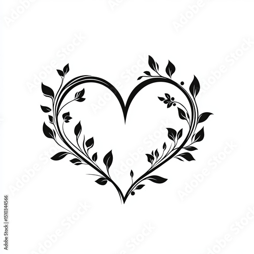 A heart formed from delicate black leaves and vines, creating an elegant floral design on white