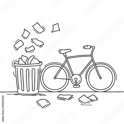 A trash bin beside a parked bicycle, papers all over the ground