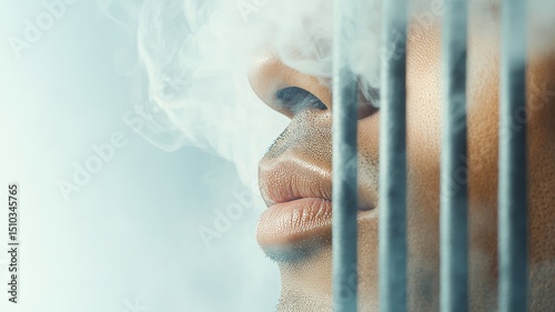 A surreal image of cigarette smoke forming the bars of a prison cell around a person, symbolizing addiction and the trap of tobacco