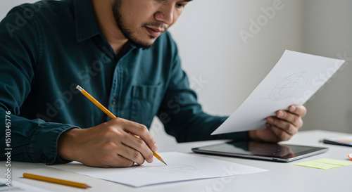 Male Designer Drawing Sketches in Modern Workspace with Paper Pencil and Smartphone
