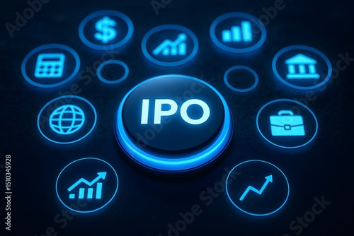 Wallpaper Mural A glowing blue button labelled IPO sits at the centre of circular finance icons. Concept of initial public offering and market opportunity. Torontodigital.ca