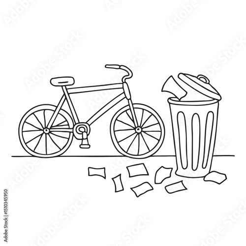 A trash bin behind a bicycle, surrounded by scattered papers