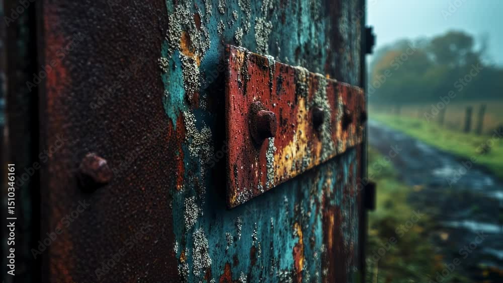 Weathered gate with rusty metal and organic texture along blurred landscape