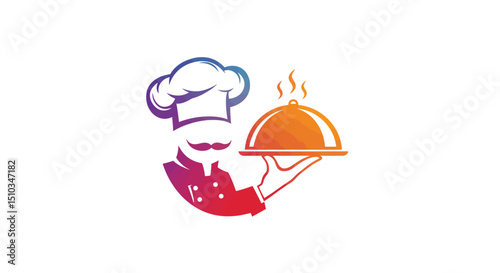 Colorful Chef Holding a Steaming Platter with Dome Lid photo