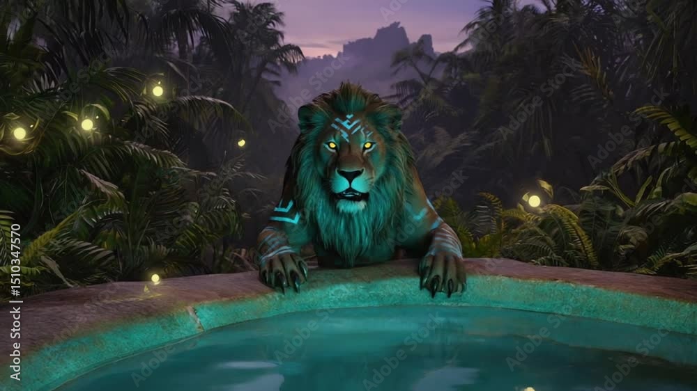An ancient lion glowing tribal markings stands reflective jungle pond twilight. Ethereal wisps jungle spirits hover around, distant drums echo softly. lion gazes directly camera guarding forest