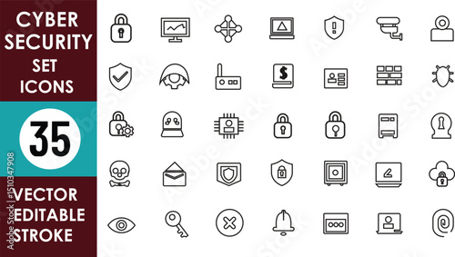 A minimalist vector icon set featuring 35 cybersecurity-themed symbols, including locks, shields, firewalls, malware, servers, surveillance, biometric scans, emails, and data protection