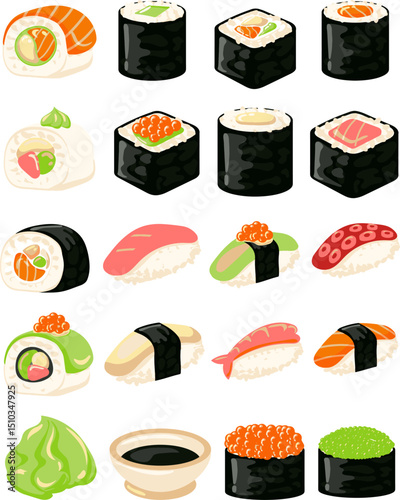 set of sushi element food vector illustration