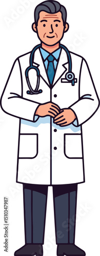a family physician, isolated on a white background, depicted in a friendly and approachable manner. The physician wears a crisp white lab coat with a stethoscope