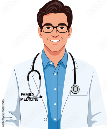 a family medicine doctor, isolated on a white background. The doctor has a pleasant, approachable demeanor, portrayed through a subtle smile.