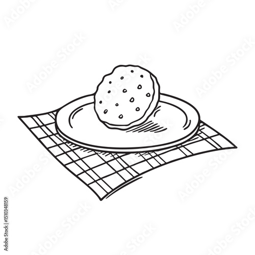 A tray on a tablecloth with one cookie rolling off