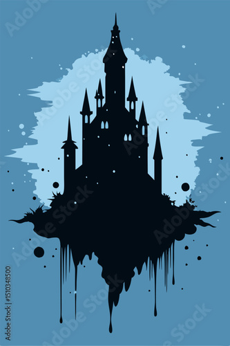 Silhouette of a majestic castle against a backdrop of a serene blue sky