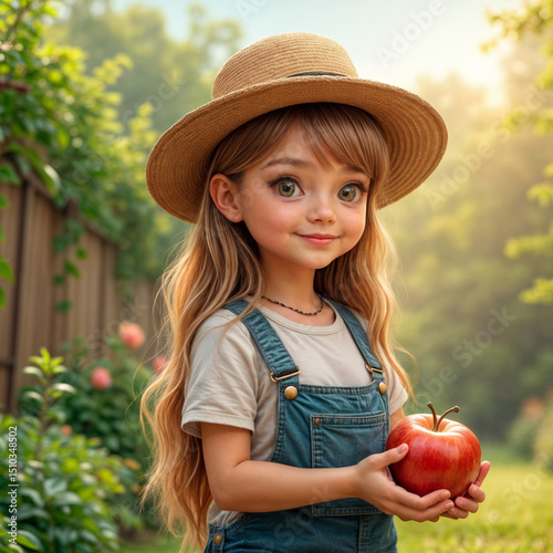 Illustration portrait of a blonde girl in a hat with an apple in her hands