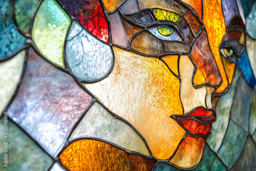 Colorful stained glass mosaic of a woman's face with vibrant artistic details
