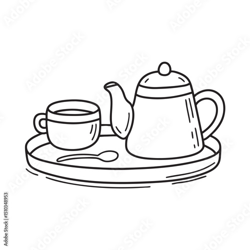 A tray holding a teapot and cup with a spoon beside it