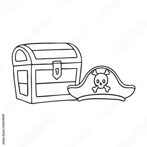 A treasure chest beside a pirate hat with cross bone symbol