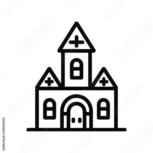 Simple line art depicts a church building with a cross on top on transparent background