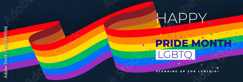 Happy 2025 pride month banner. Rainbow colored background. Banner for Pride month lettering with heart shaped hands, brush stroke. 2025 Pride month background with rainbow gradient.