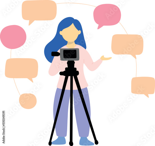 Girl filming a Vlog- young female blogger talking to the camera on a tripod, with speech bubbles 