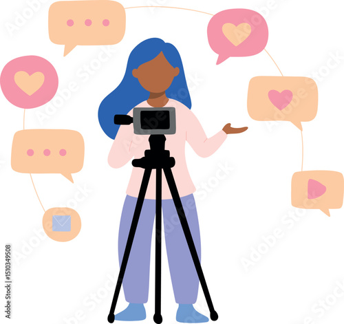 Girl filming a Vlog- young female blogger talking to the camera on a tripod, with speech bubbles 