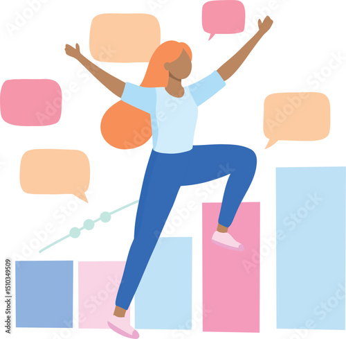 Social Media Growth Concept- Graph growing upwards with icon of likes,character celebrating