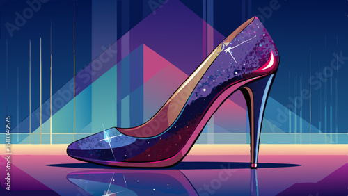 A dazzling designer stiletto heel with a glittering finish sits gracefully on a seamless gradient surface, reflecting luxury, elegance, and contemporary fashion in a minimalist, modern setting.