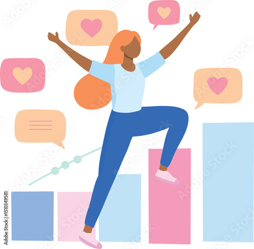 Social Media Growth Concept- Graph growing upwards with icon of likes,character celebrating
