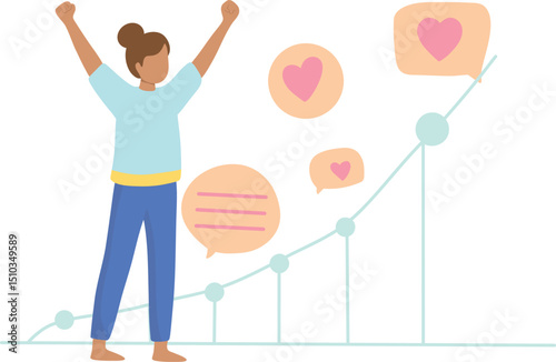 Social Media Growth Concept- Graph growing upwards ,character celebrating